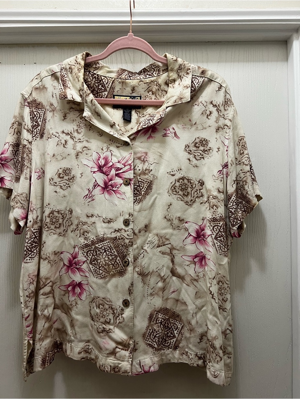 Cream Floral Button-Up Blouse with Pink Accents